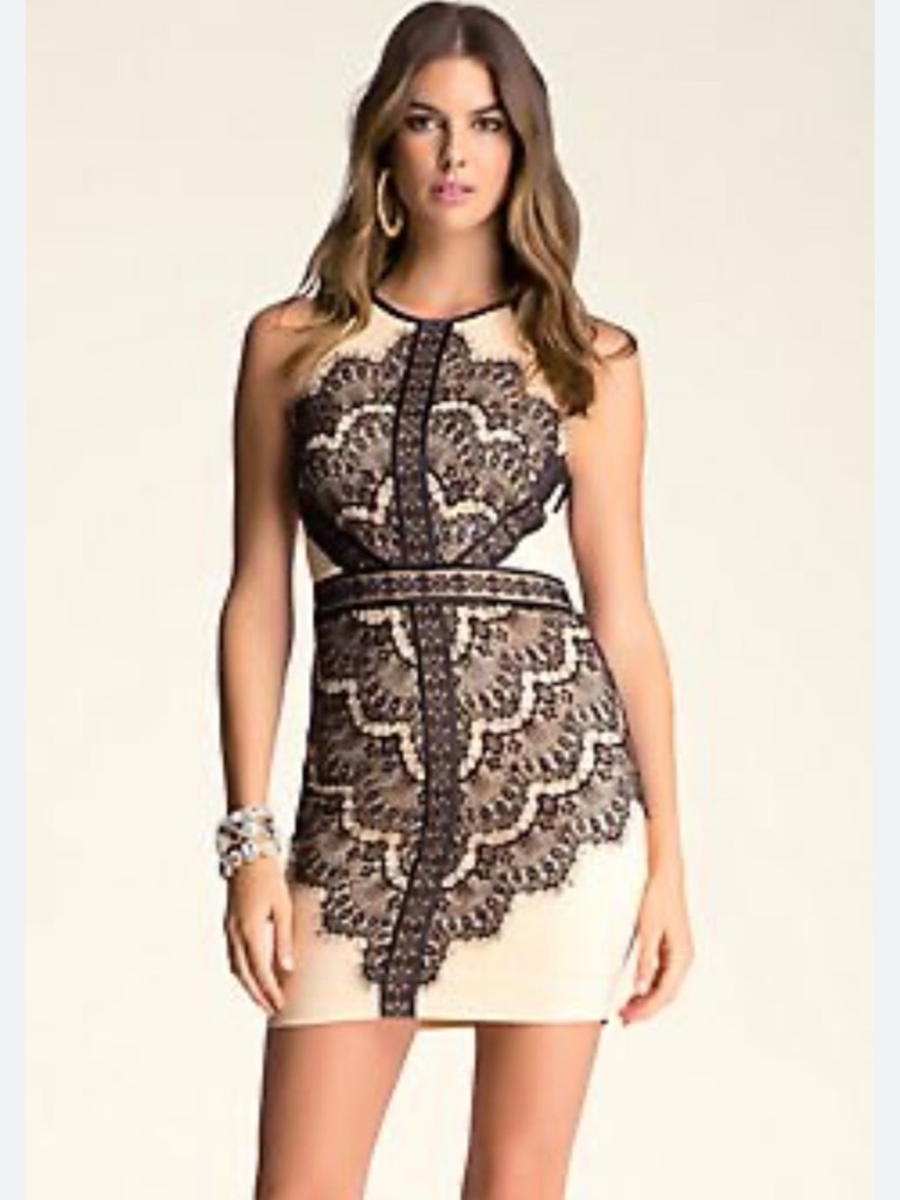 bebe Nude Dress with Black Lace Overlay Mini